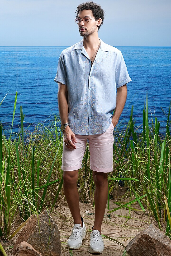 Blue Linen Cuban Embroidered Party Wear Shirt by ASUKA at Pernia's Pop Up Shop