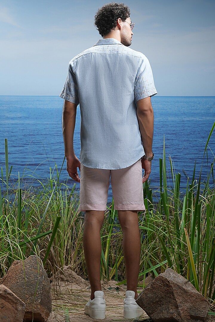 Blue Linen Cuban Embroidered Party Wear Shirt by ASUKA at Pernia's Pop Up Shop