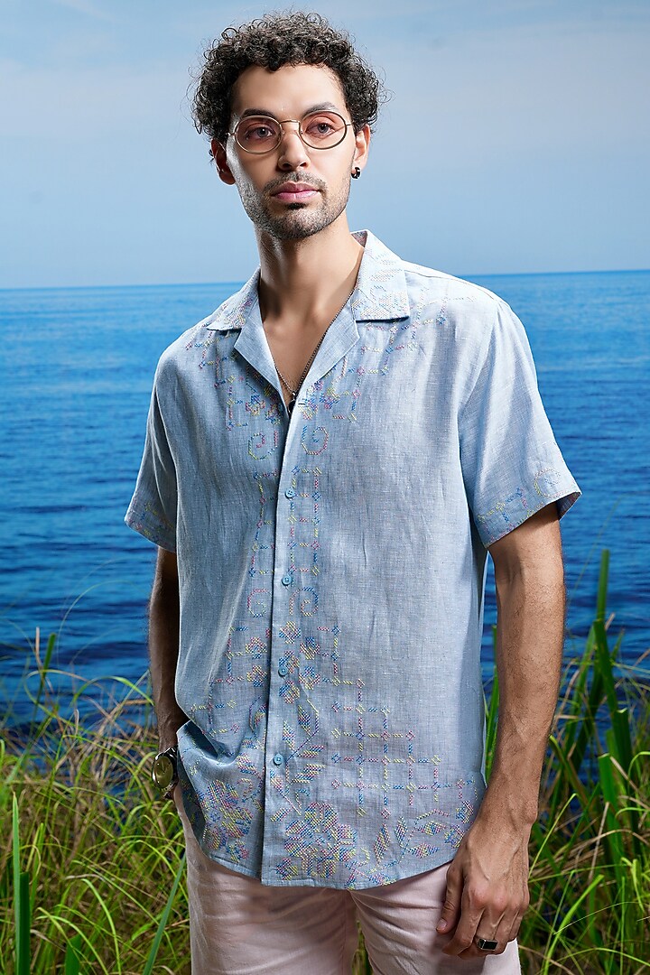 Blue Linen Cuban Embroidered Party Wear Shirt by ASUKA at Pernia's Pop Up Shop