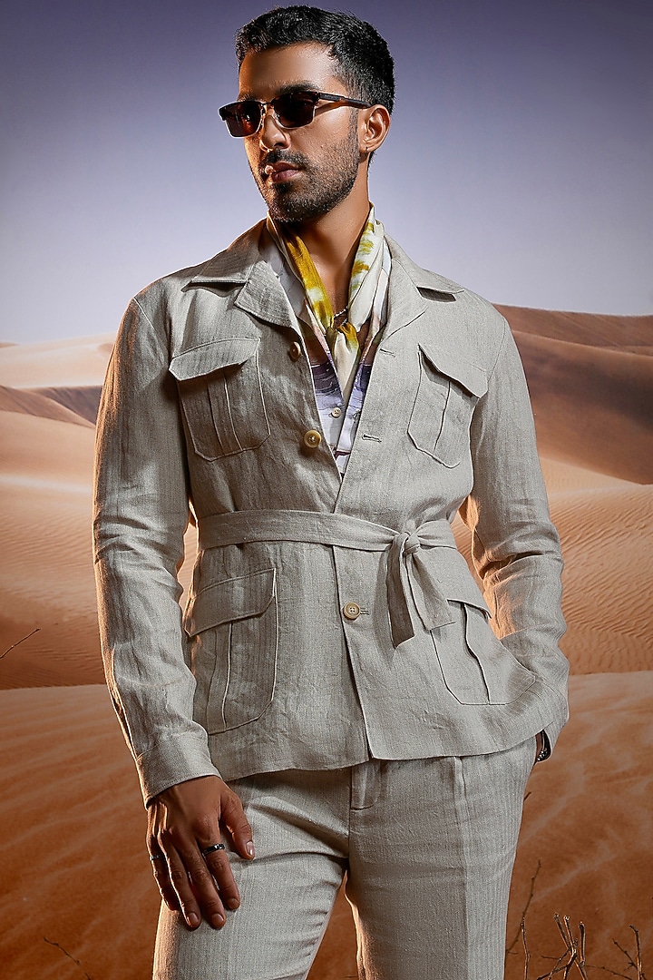 Beige Herringbone Linen Co-Ord Set by ASUKA at Pernia's Pop Up Shop