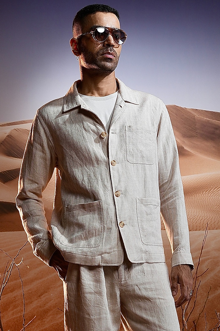 Beige Herringbone Linen Co-Ord Set by ASUKA at Pernia's Pop Up Shop