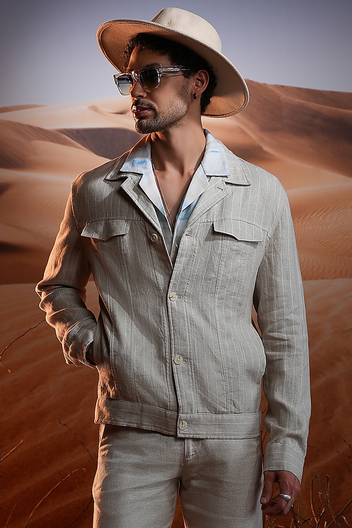 Beige Striped Linen Jacket by ASUKA