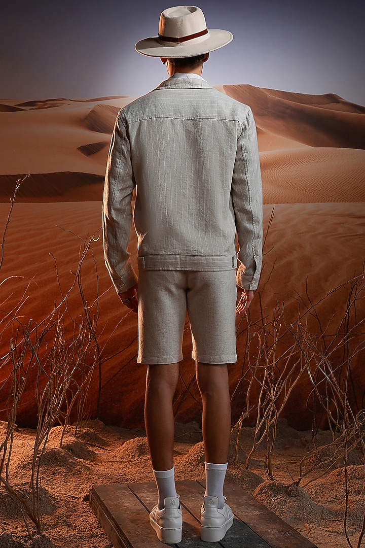 Beige Striped Linen Jacket by ASUKA at Pernia's Pop Up Shop