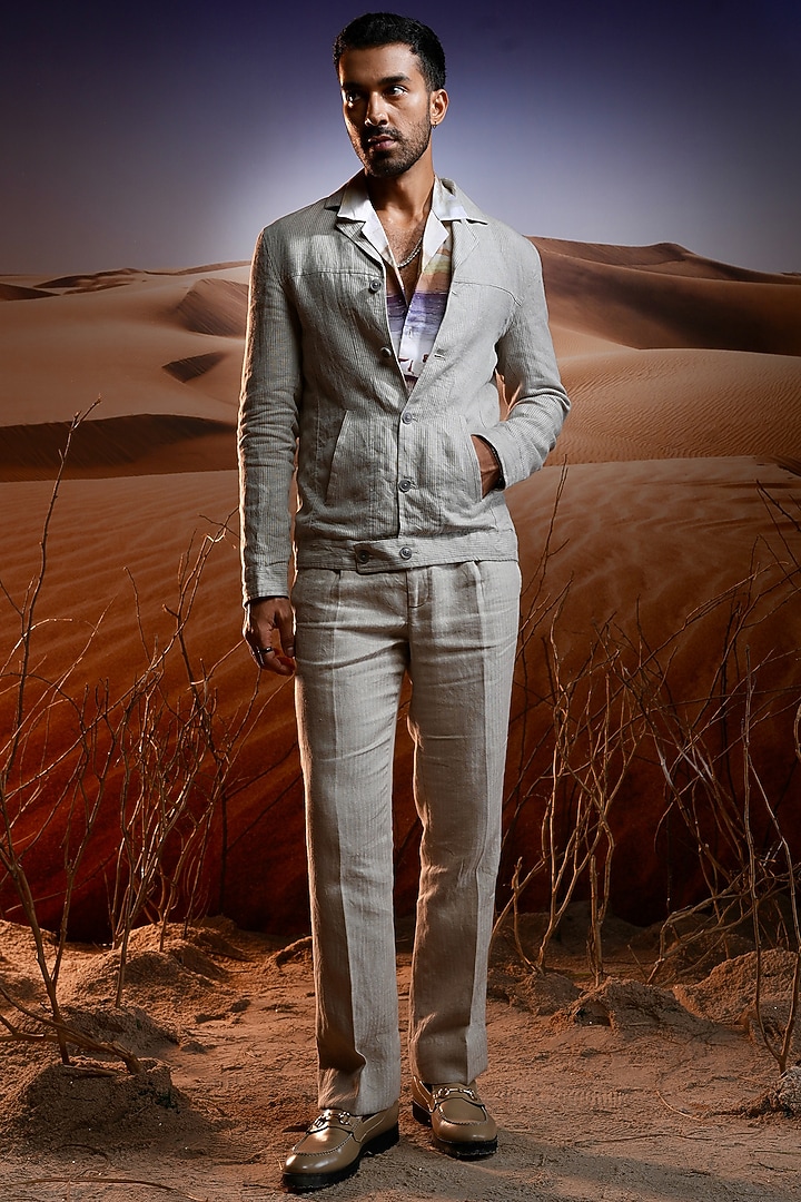 Beige Striped Linen Tucker Jacket by ASUKA at Pernia's Pop Up Shop