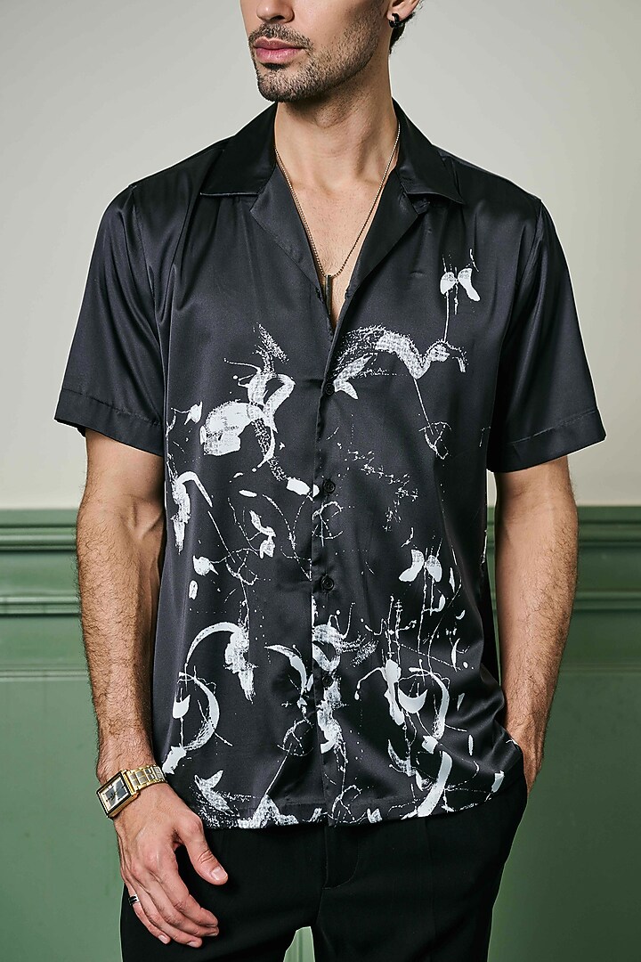 Black Habutai Silk Abstract Party Wear Shirt by ASUKA at Pernia's Pop Up Shop