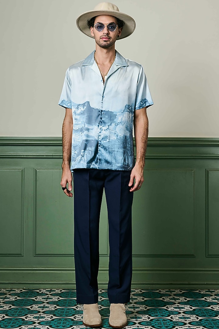 Blue Habutai Silk Party Wear Shirt by ASUKA at Pernia's Pop Up Shop