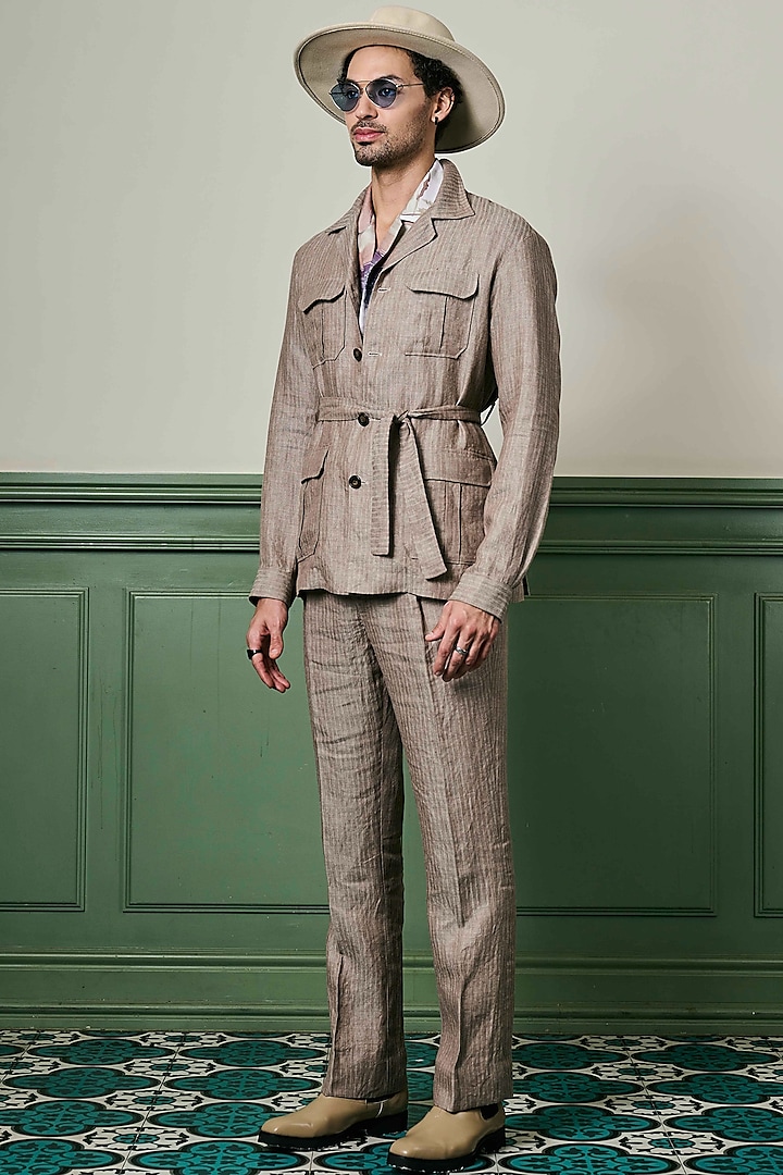 Beige Herringbone Textured Linen Safari Jacket Set by ASUKA