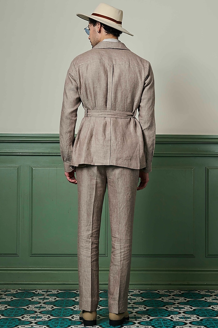 Beige Herringbone Textured Linen Safari Jacket Set by ASUKA at Pernia's Pop Up Shop
