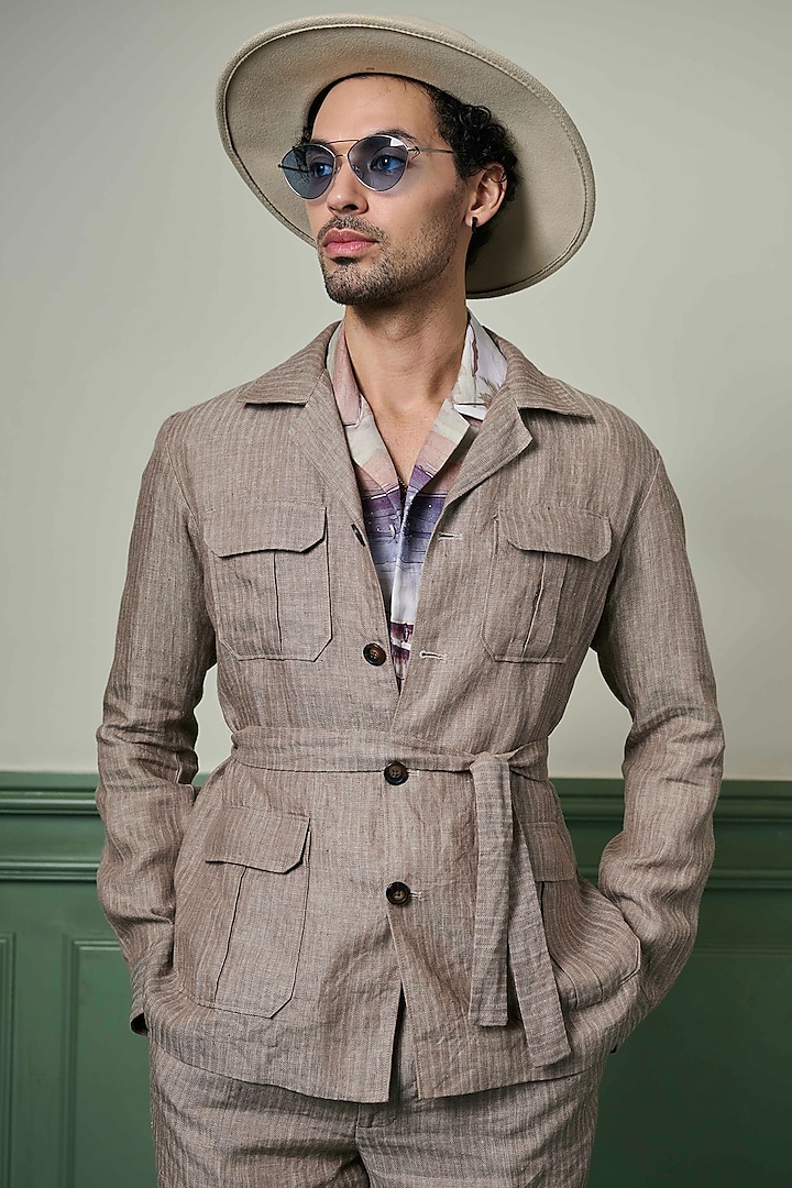 Beige Herringbone Textured Linen Safari Jacket Set by ASUKA at