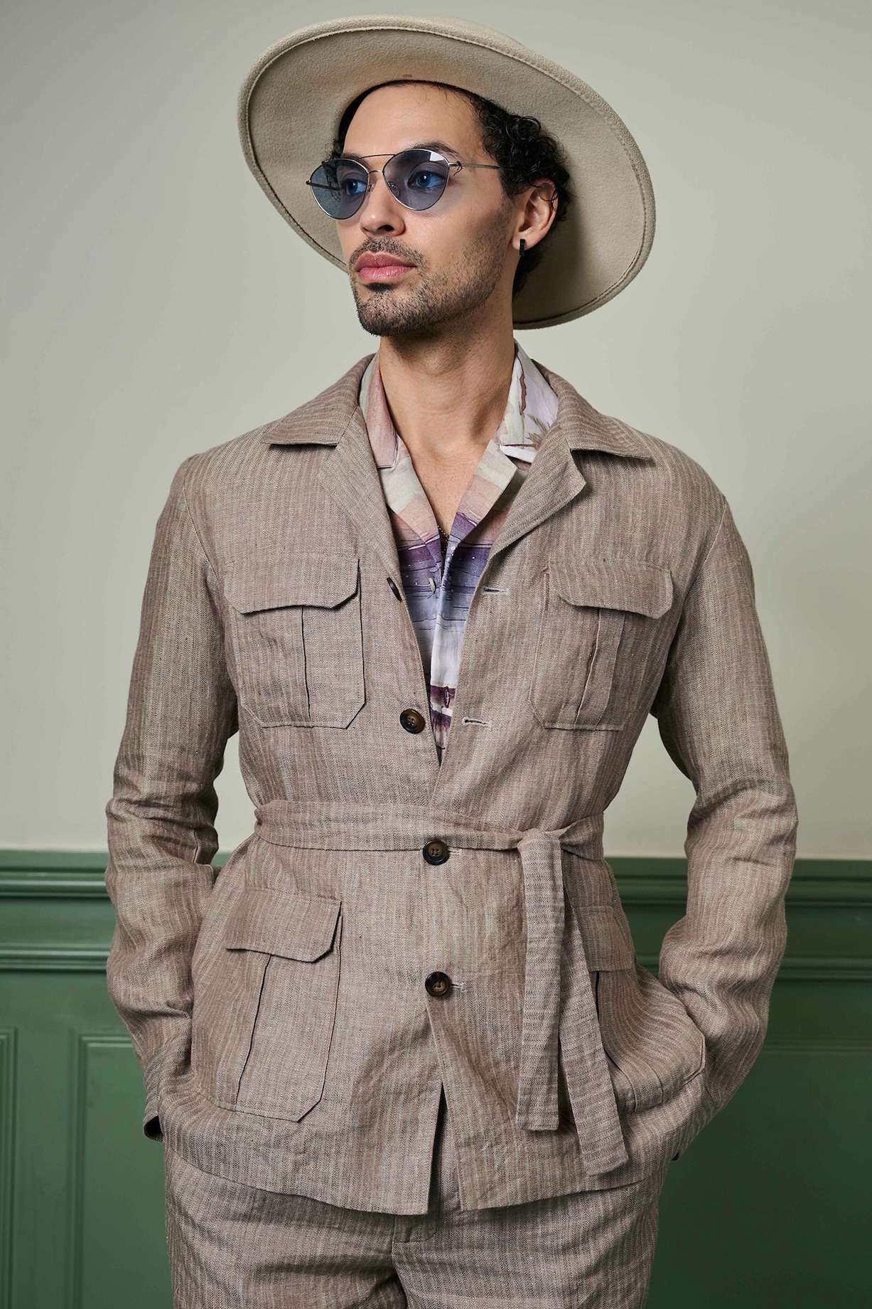 Beige Herringbone Textured Linen Safari Jacket Set by ASUKA at