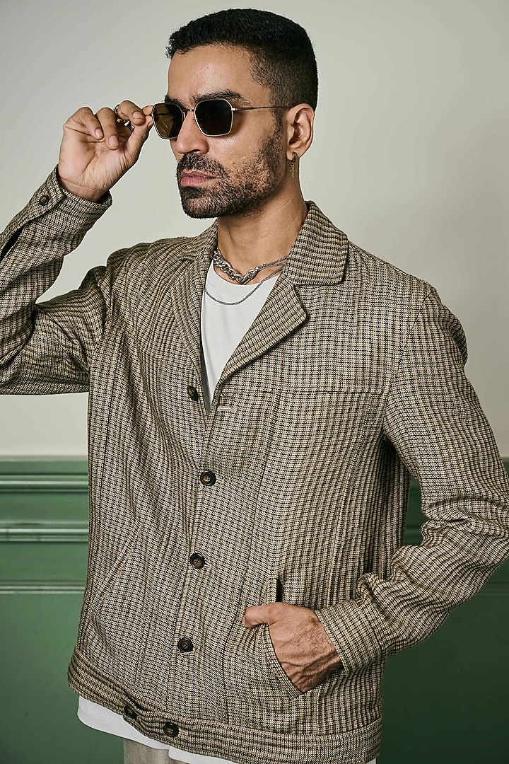 Brown Houndstooth Linen Jacket by ASUKA at Pernia's Pop Up Shop