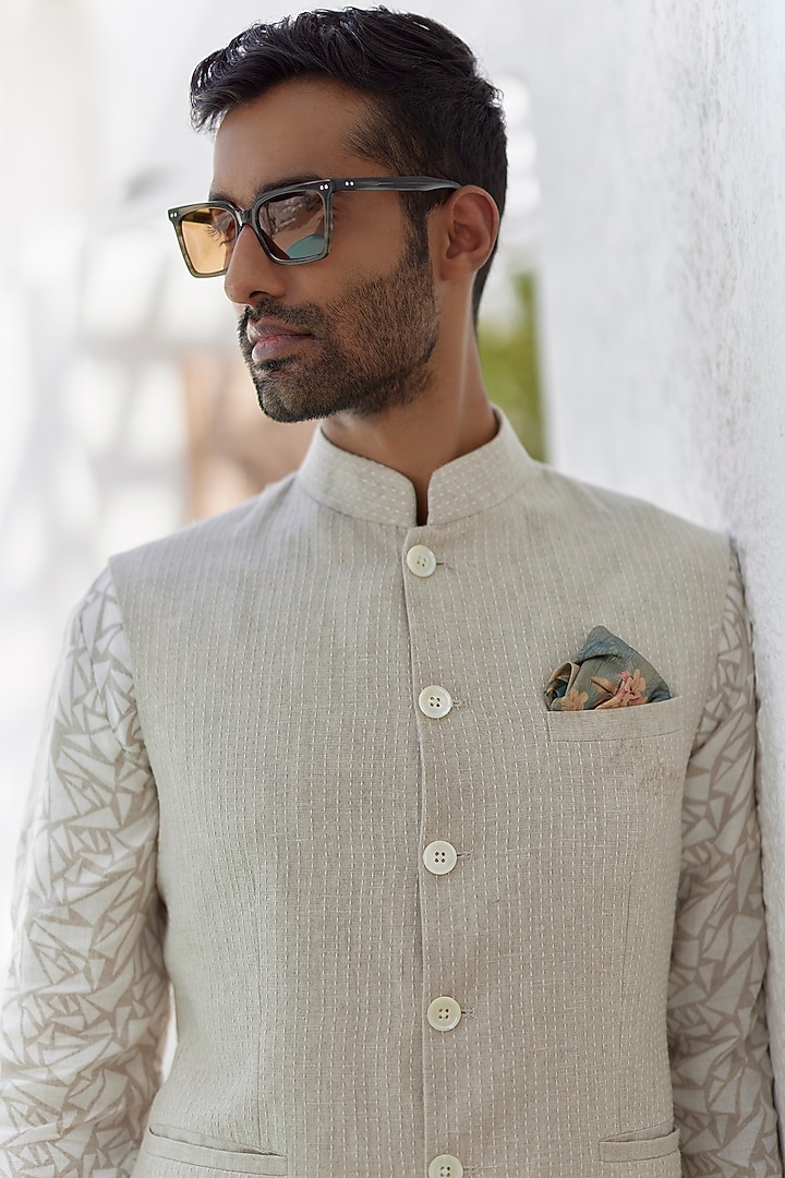 Natural Beige Pure Linen Embroidered Bundi Jacket Set by ASUKA at Pernia's Pop Up Shop