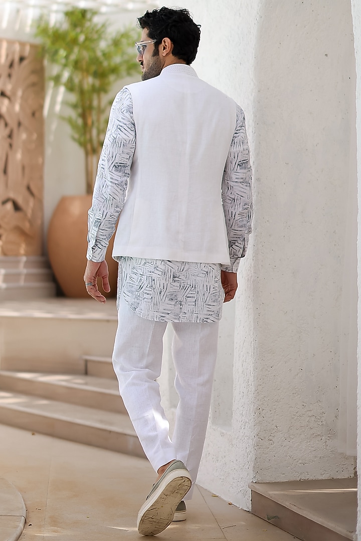 Light Blue Pure Linen Embroidered Bundi Jacket Set by ASUKA at Pernia's Pop Up Shop