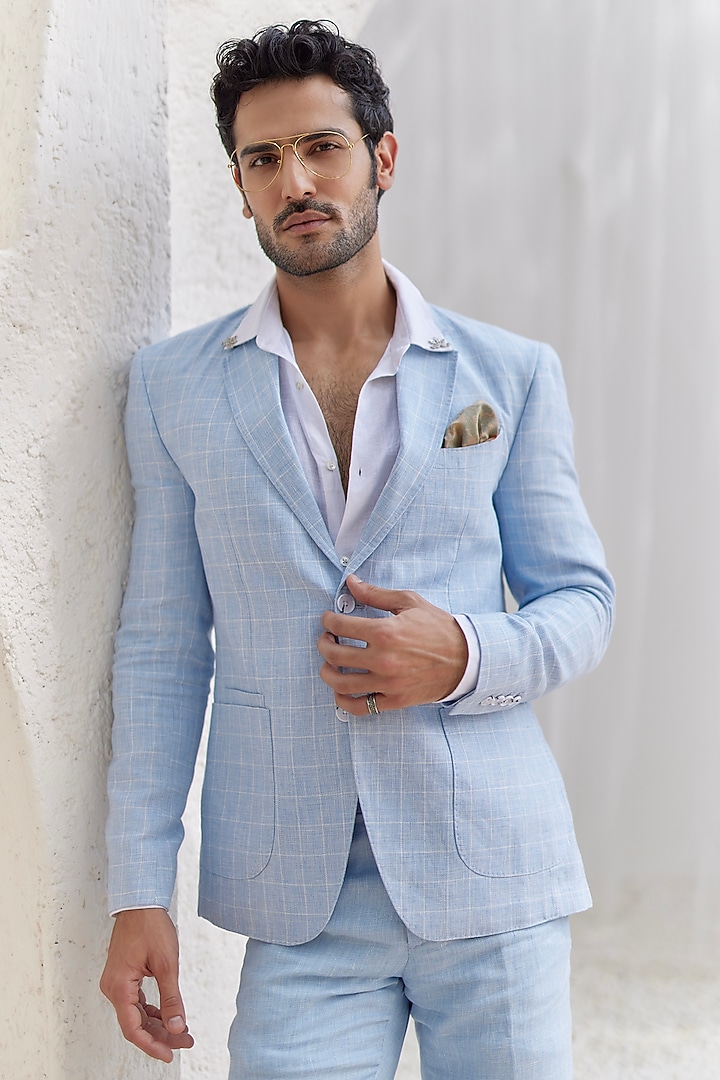Powder Blue Pure Linen Blazer Set by ASUKA at Pernia's Pop Up Shop