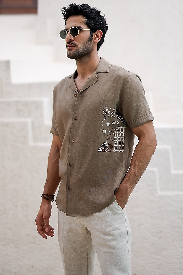 Sand Irish Linen Embroidered Cuban Shirt by ASUKA