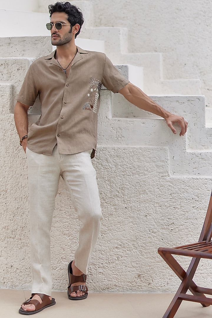 Sand Irish Linen Embroidered Cuban Summer Shirt by ASUKA at Pernia's Pop Up Shop