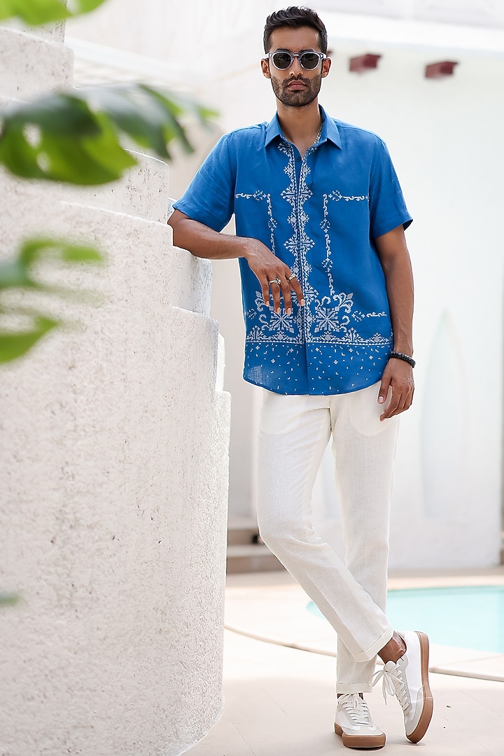 Vivid Blue Irish Linen Embroidered Summer Shirt by ASUKA at Pernia's Pop Up Shop