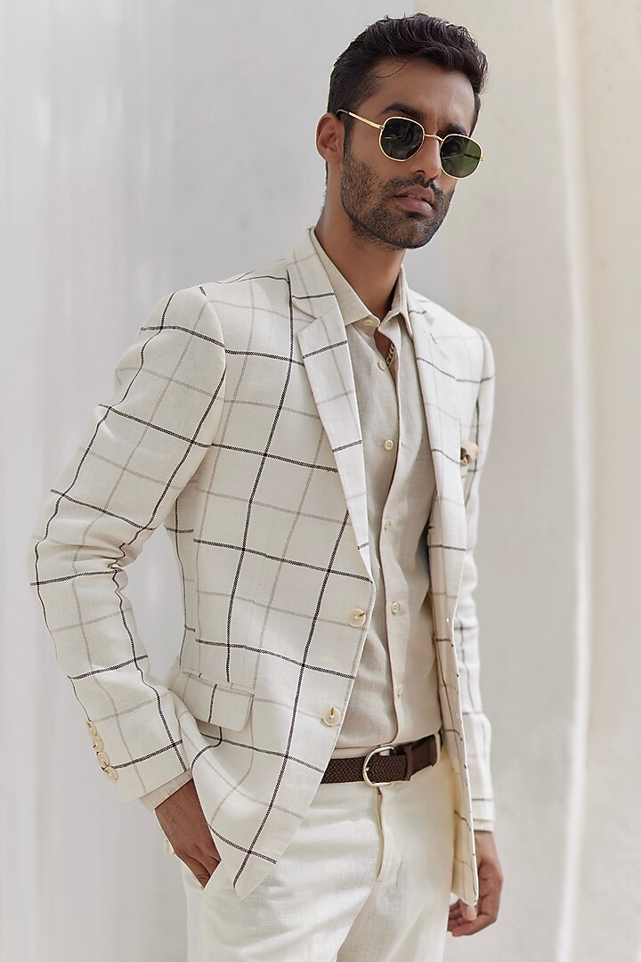 Porcelain White Pure Linen Checkered Blazer Set by ASUKA at Pernia's Pop Up Shop