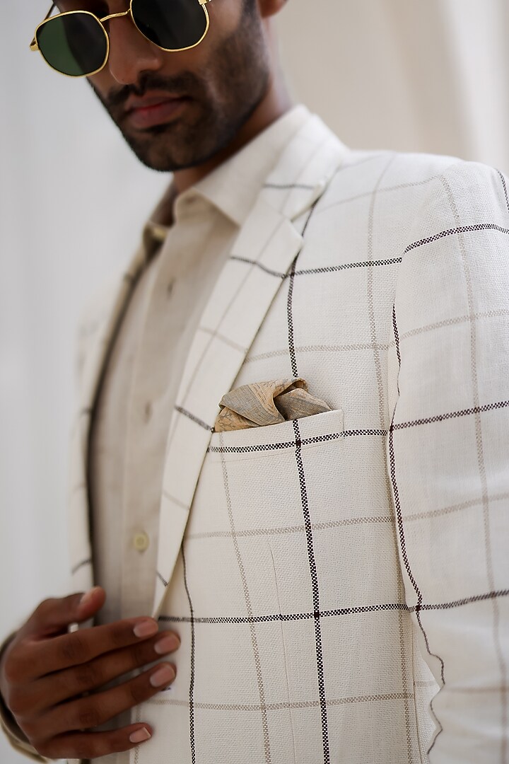 Porcelain White Pure Linen Checkered Blazer Set by ASUKA at Pernia's Pop Up Shop