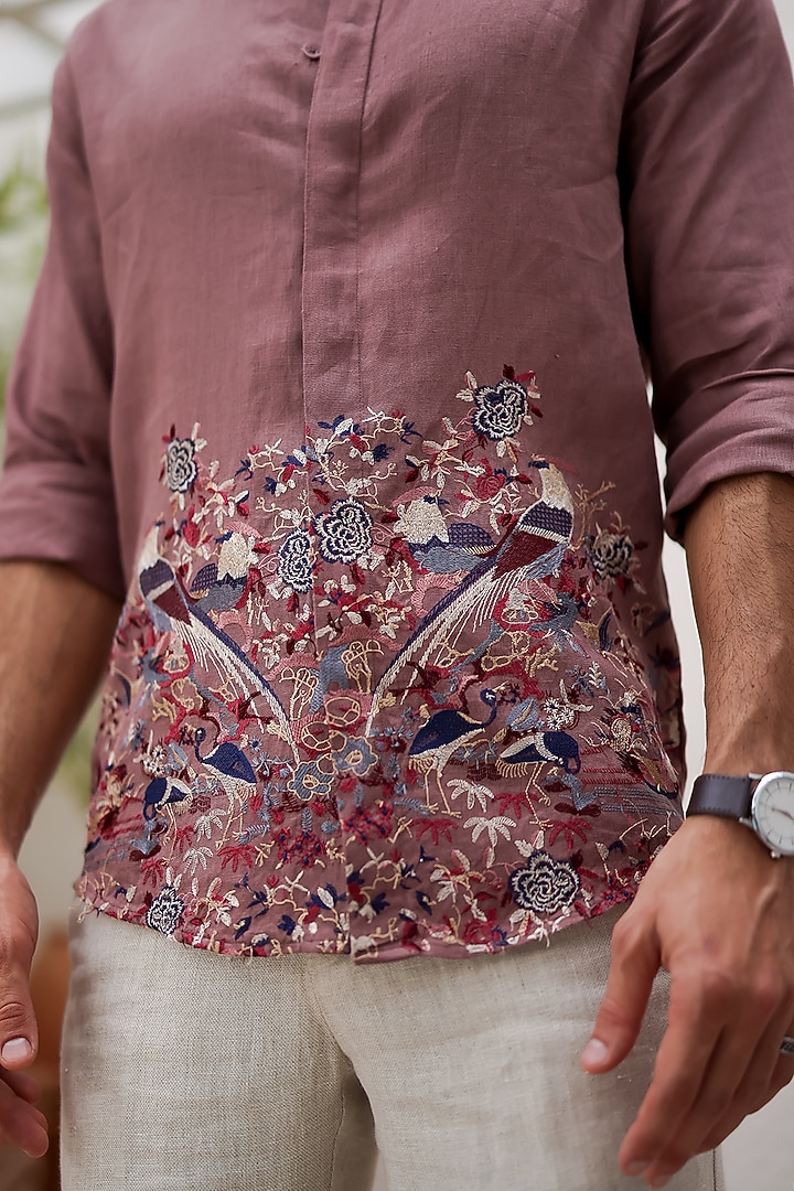 Cherry Irish Linen Embroidered Party Wear Shirt by ASUKA at Pernia's Pop Up Shop