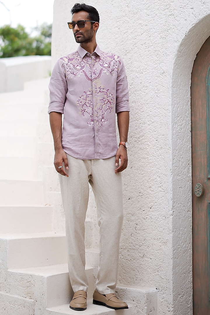 Lavender Irish Linen Embroidered Party Wear Shirt by ASUKA at Pernia's Pop Up Shop