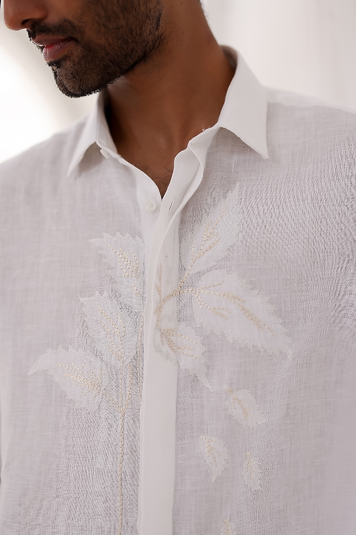 White Irish Linen Embroidered Party Wear Shirt by ASUKA at Pernia's Pop Up Shop