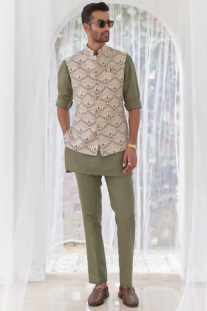 Olive Green Pure Linen Printed Bundi Jacket Set by ASUKA