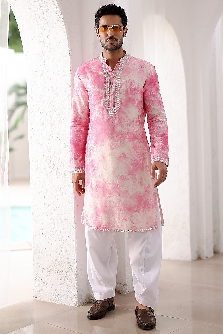 Pink Pure Linen Tie-Dye Embroidered Kurta Set by ASUKA at Pernia's Pop Up Shop