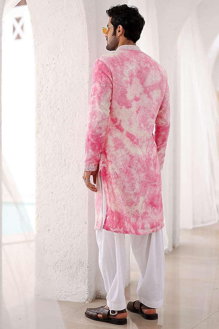 Pink Pure Linen Tie-Dye Embroidered Kurta Set by ASUKA at Pernia's Pop Up Shop