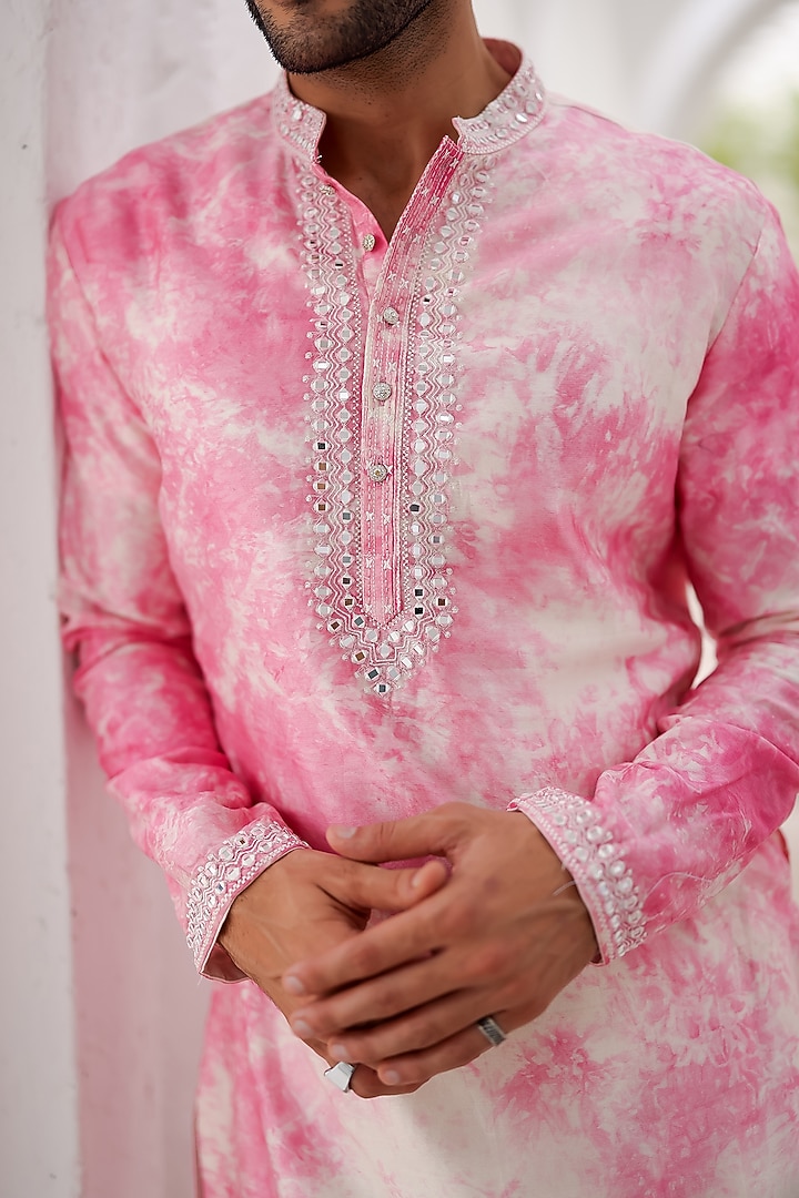Pink Pure Linen Tie-Dye Embroidered Kurta Set by ASUKA at Pernia's Pop Up Shop