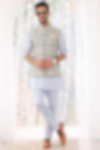 Sky Blue Pure Linen Printed Bundi Jacket Set by ASUKA