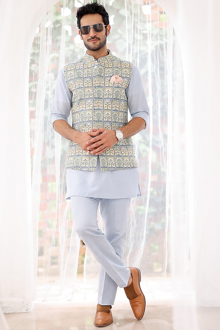 Sky Blue Pure Linen Printed Bundi Jacket Set by ASUKA