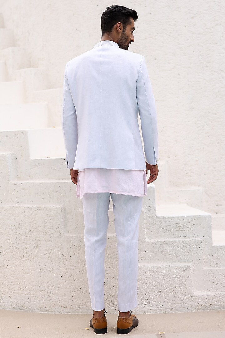 Sky Blue Pure Linen Embroidered Wedding Bandhgala Set by ASUKA at Pernia's Pop Up Shop