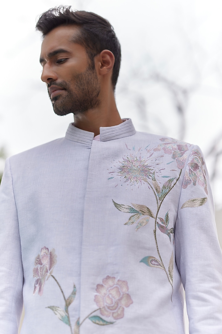 Sky Blue Pure Linen Embroidered Wedding Bandhgala Set by ASUKA at Pernia's Pop Up Shop