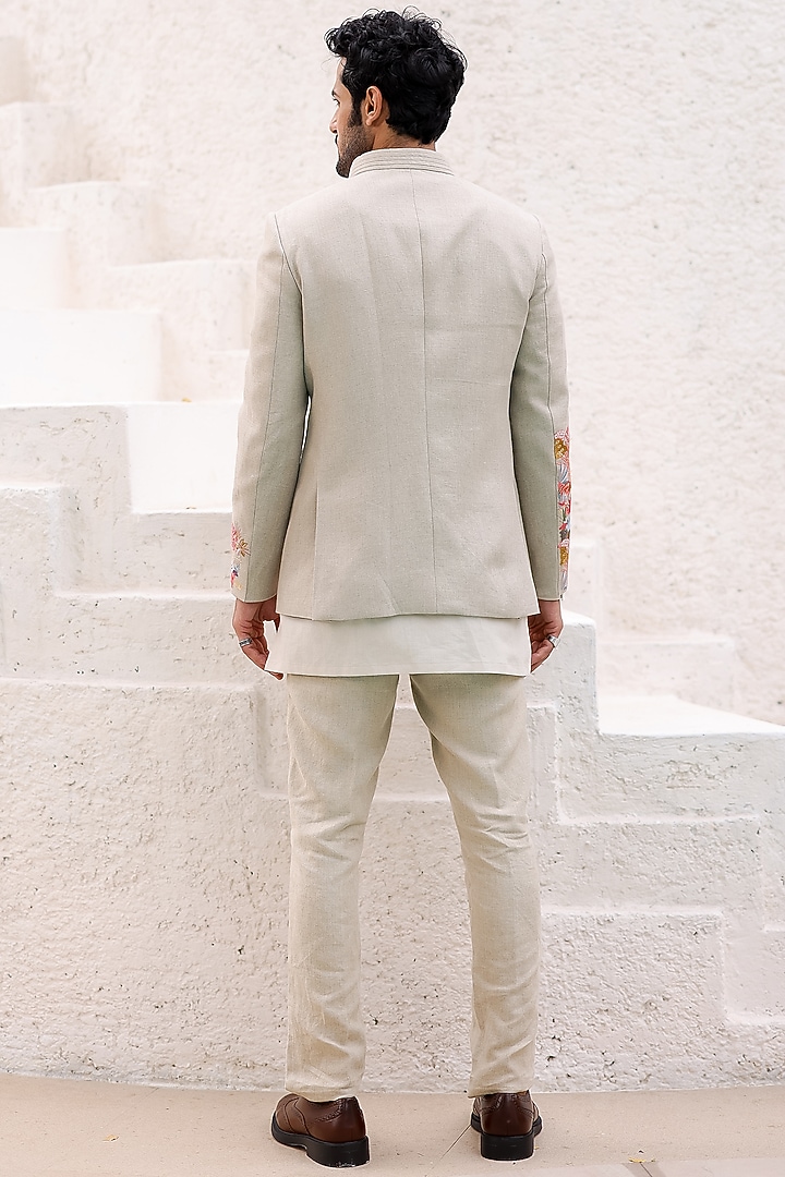 Tan Pure Linen Embroidered Wedding Bandhgala Set by ASUKA at Pernia's Pop Up Shop