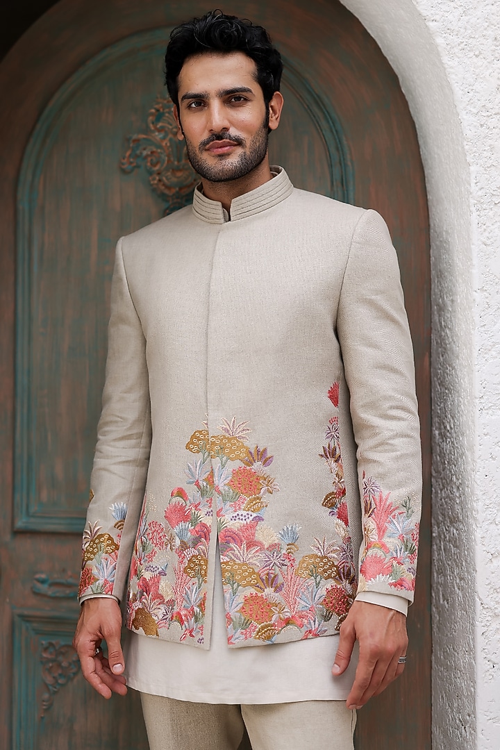 Tan Pure Linen Embroidered Wedding Bandhgala Set by ASUKA at Pernia's Pop Up Shop