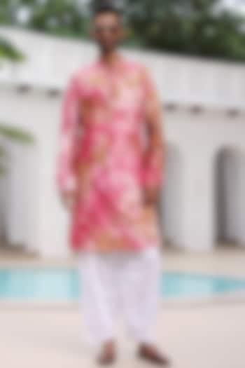 Pink Pure Linen Tie-Dye Embroidered Kurta Set by ASUKA