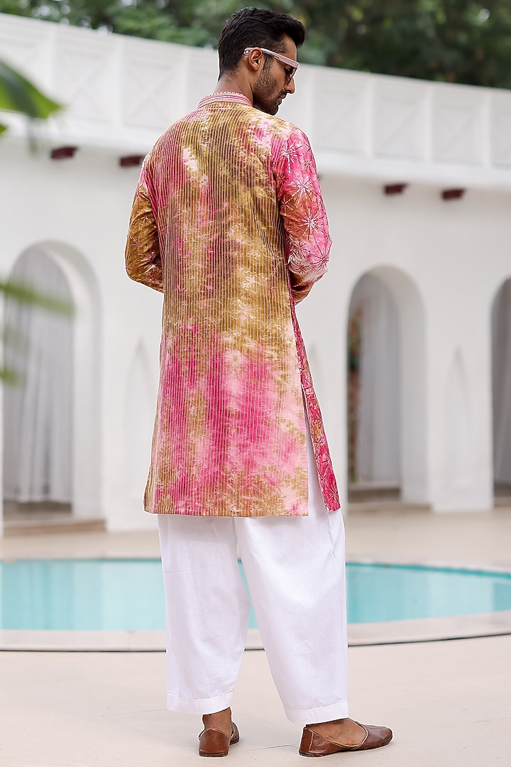 Pink Pure Linen Tie-Dye Embroidered Kurta Set by ASUKA at Pernia's Pop Up Shop