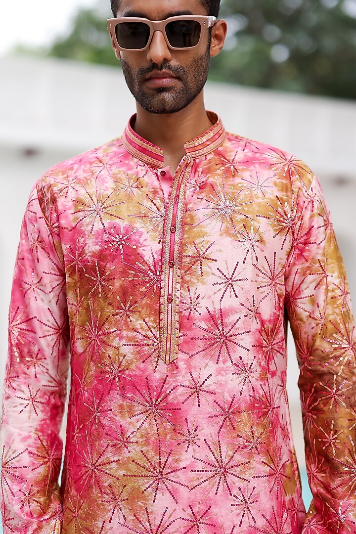 Pink Pure Linen Tie-Dye Embroidered Kurta Set by ASUKA at Pernia's Pop Up Shop