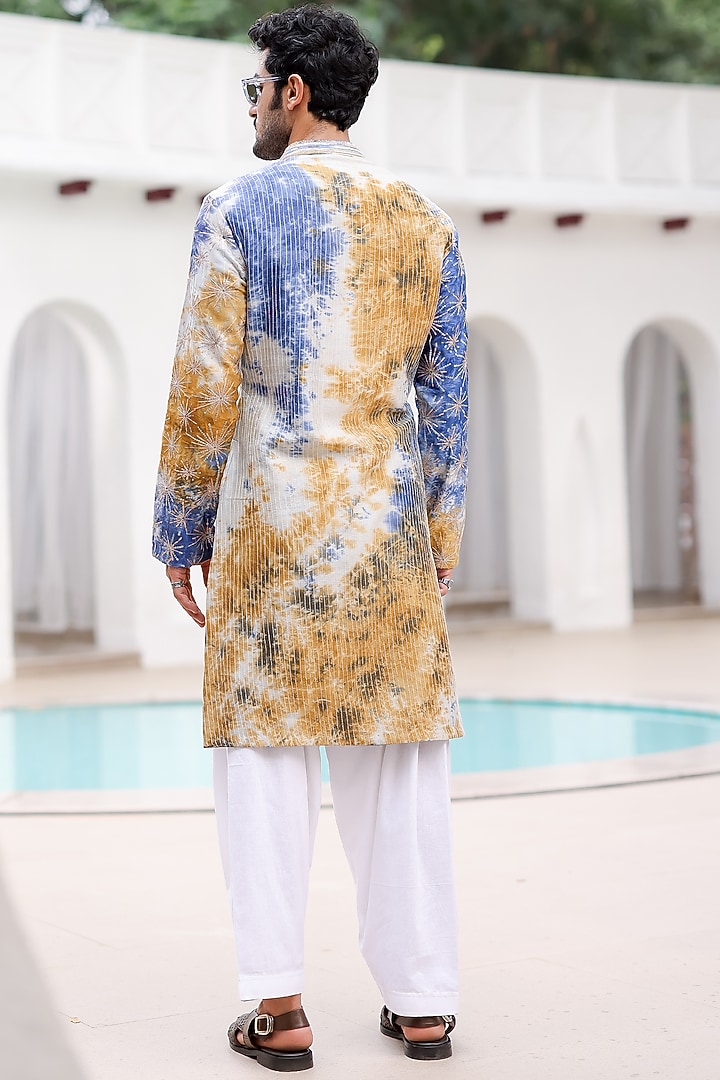 Mustard & Blue Pure Linen Tie-Dye Embroidered Kurta Set by ASUKA at Pernia's Pop Up Shop