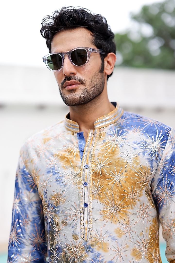Mustard & Blue Pure Linen Tie-Dye Embroidered Kurta Set by ASUKA at Pernia's Pop Up Shop