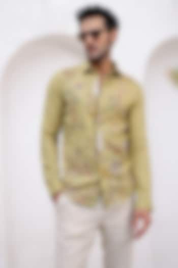 Olive Green Irish Linen Embroidered Shirt by ASUKA