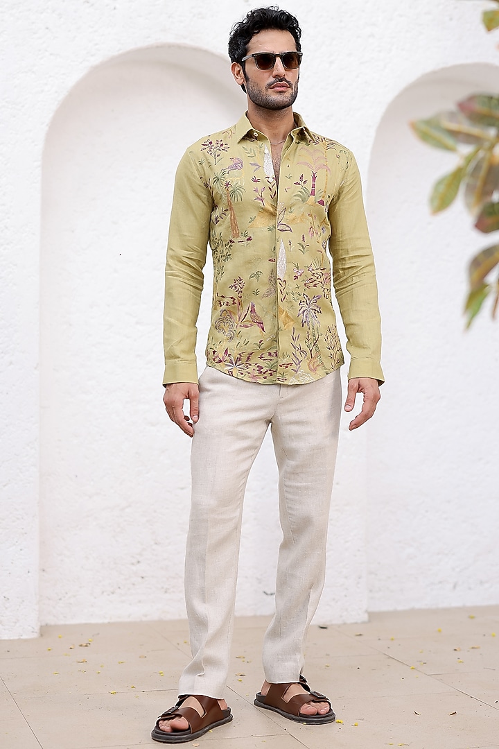 Olive Green Irish Linen Embroidered Party Wear Shirt by ASUKA at Pernia's Pop Up Shop