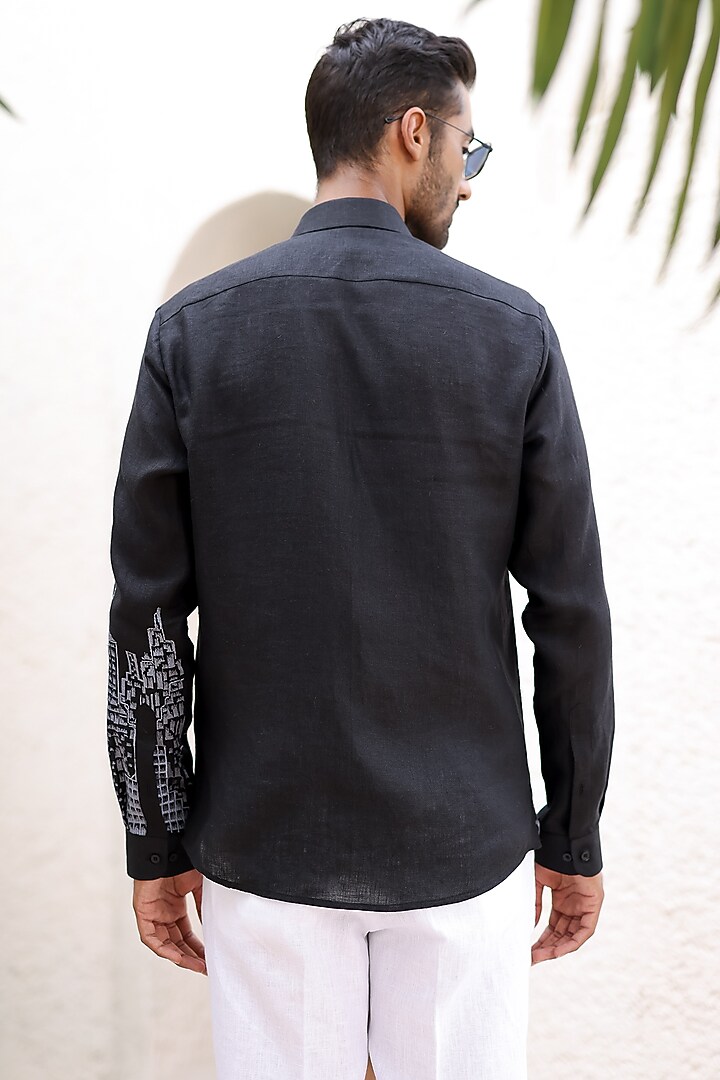 Black Irish Linen Embroidered Party Wear Shirt by ASUKA at Pernia's Pop Up Shop