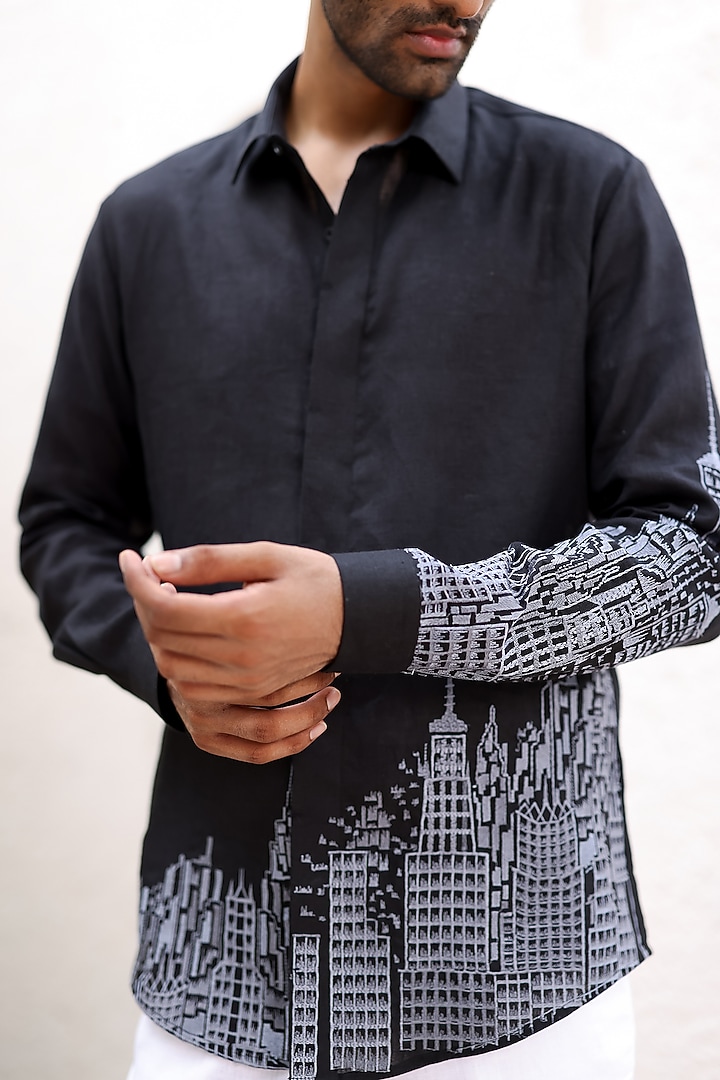 Black Irish Linen Embroidered Party Wear Shirt by ASUKA at Pernia's Pop Up Shop