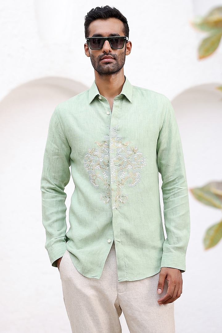 Light Green Irish Linen Embroidered Shirt by ASUKA