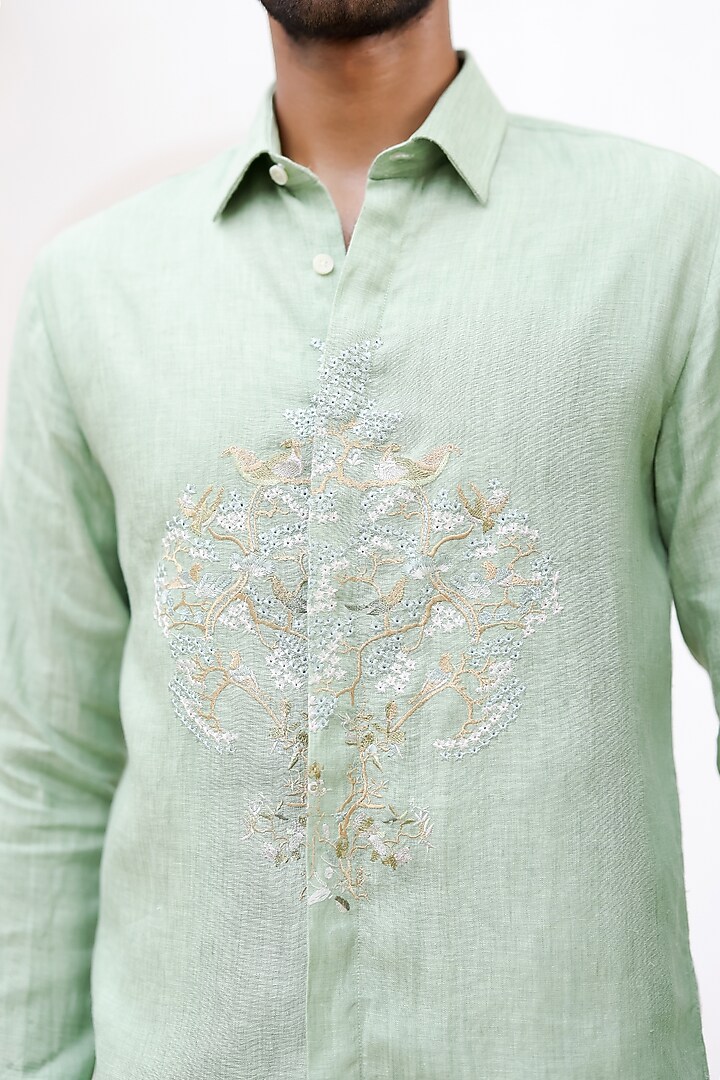 Light Green Irish Linen Embroidered Party Wear Shirt by ASUKA at Pernia's Pop Up Shop