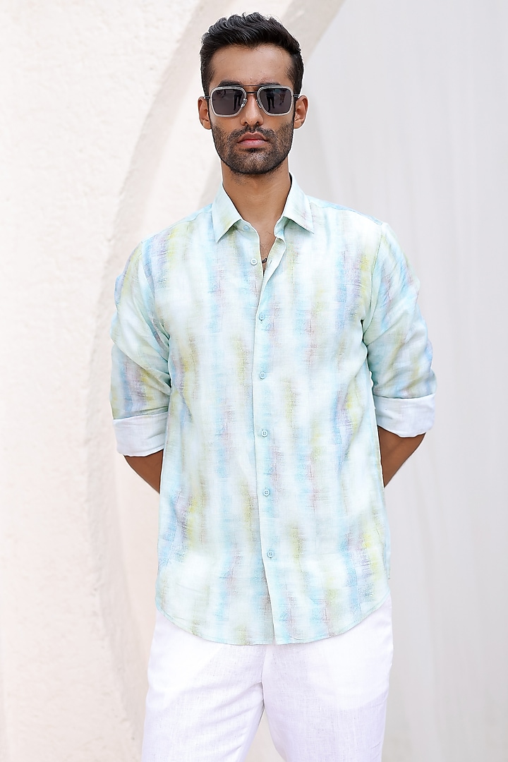 Sky Blue Irish Linen Printed Shirt by ASUKA