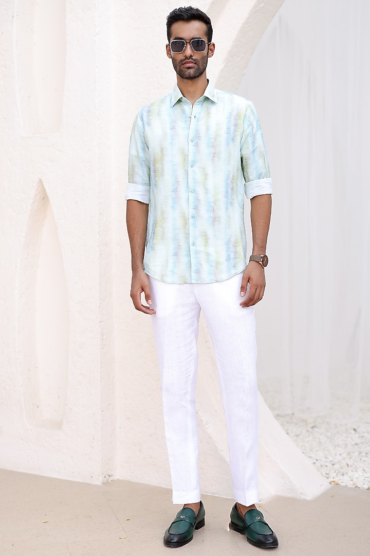 Sky Blue Irish Linen Printed Summer Shirt by ASUKA at Pernia's Pop Up Shop