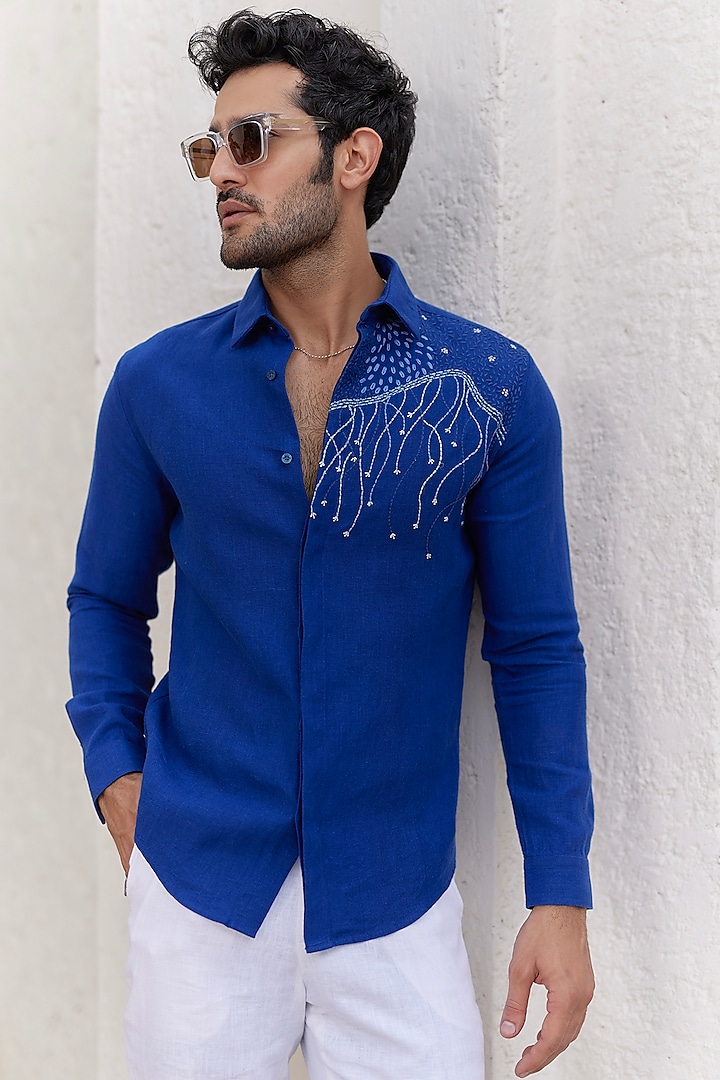 Ultramarine Blue Irish Linen Embroidered Shirt by ASUKA